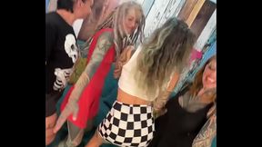 Naughty Behind-the-Lens Action: 4 Babes Gang Up to Suck Off the Cameraman