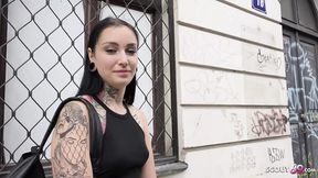 Dirty college slut scores rough straightaway sex with tattooed German dude on public sidewalk.