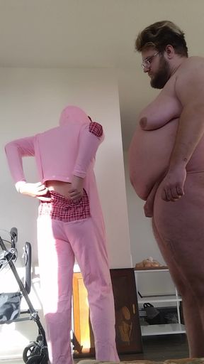Transwoman Opening One-piece Pink Rabbit Pajamas Bodysuit (with Button-up Buttflap) Viewer-gift