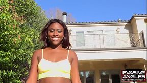 EVASIVE ANGLES She'_s the only girl here now, but Marcell still lets her keep her cute striped socks on while she bends over on the couch and takes that long black pole in her pussy.