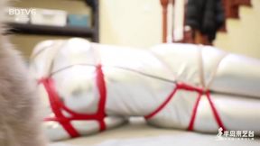 Full-body white encasement bound in red rope on the floor is giving serious submissive vibes