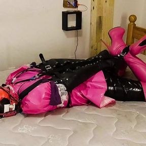 Sissy Maid Strict Hogtie in Steel Chastity and Armbinder