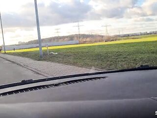 German Blond Hitchhiker Pick up and Get Risky POV Outdoor Bang in Car