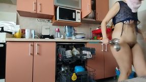 Hairy Brunette Pussy, Big Tits, Sensual Hairy Woman in the Kitchen.