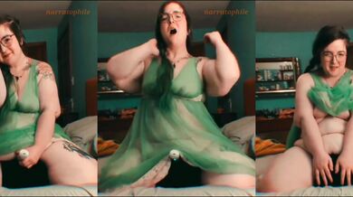 Soft belly rides her Hitachi while green hair mom soaks the lingerie