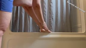 BBW rubbing oil on big feet and legs, foot massage