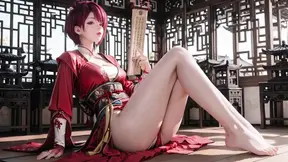Purple-haired war maiden in a high-slit kimono teases your eyes with a
