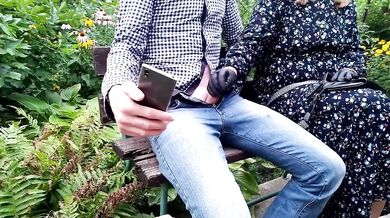 My stepmom makes me cum in the park wearing latex gloves
