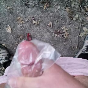 Horny college boy strokes his smooth cock to a big orgasm on his morning hike.