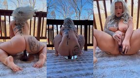 tattooed pawg milf twerks big ass & rides black dildo on porch - huge natural tits bounce to lakeview orgasm (6 min)