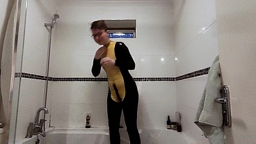 Behind the scenes: getting out of my latex catsuit after a long day of filming. I do love the way my skin looks when It's all...