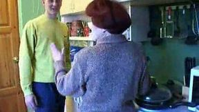 Eating my mother-in-law's delicious mature pussy in the kitchen