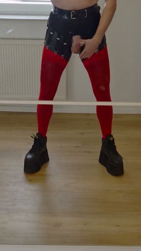 Jingle &amp; Shake: Teasing My Bell-Pierced Cock in Red Stockings, Buffalo tower shoes &amp; Crop Top