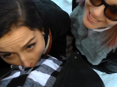 Outdoor Threesome in the Snow - Two hot girls warm Cock