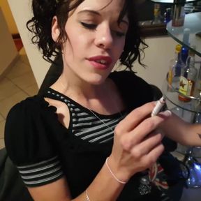 Pigtail Girl Smoking Cigarette in Short Dress Shows off Pussy and Asshole