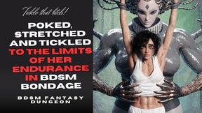 naughty dark haired muscled Slave girl is poked and tickled hard in her boobs and belly and pits to the limit of her endurance in BDSM bondage by mechanical mistress