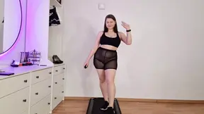 Teasing trainer tries on sheer shorts and walks on treadmill