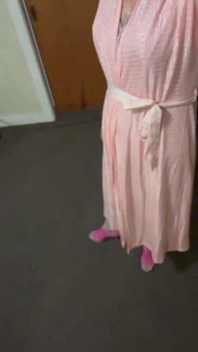 Super sexy pink high heels and a cute pink silky slip with silver shiny stockings