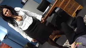 Angry female boss rides her male secretary in the office
