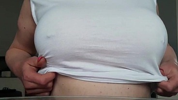 Busty MILF Wetting my T-shirt without Bra and get Orgasm by Pierced Nipples playing