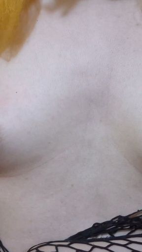 Cute Blonde Sissy Lactating her Tits and Spanking her Big Boobs with Black Cock   Clip 1