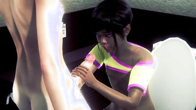 Mia jerks off a big cock in the toilet with her skinny Asian body