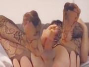 Cute boy fuck and gape  his ass with a big dildo bottle in stocking