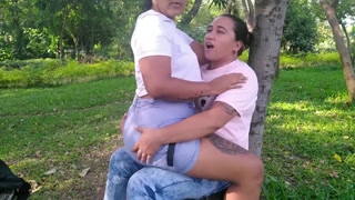 My stepsister takes me to the garden and sucks my cock under a tree then rides on top of it