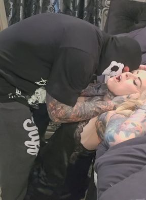 Sexy tattooed senior mom receives rough intimacy with masked stranger!