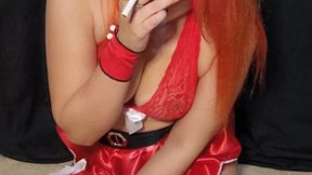 Mommy claus smokes Marlboro red wearing long leather boots and hot xtmas costume - PART 1