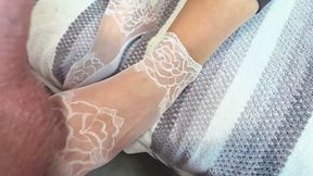 Cum in her heels and on lacey socks