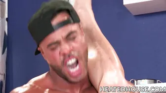Muscular hunks Johnny V and Micah Brandt in bareback anal fuck session