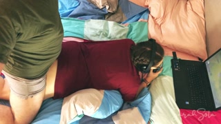 ass cumshot for a chubby gamer girl after prone bone fuck