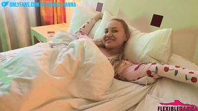 Hot blonde yoga teacher teases with bare feet and closed pussy