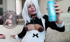 Sexy White-Haired Cosplay Maid in Lingerie Teases with Toy