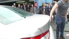 Bound, humiliated and bukkaked in public