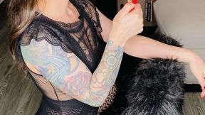 Smoking in Lace Bodysuit and Fishnets