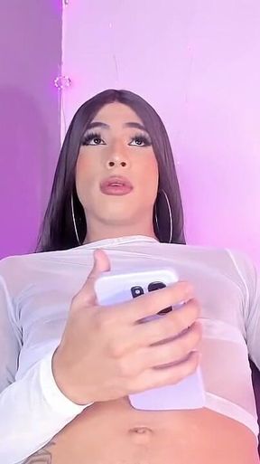 Femboy Colombian Pollaxxl Masturbates Hard and Asks Dark-haired Man to Fuck Her Without a Condom