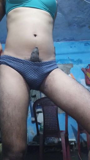 Indian Sissy Femboy Crossdresser with Phimosis Dick Jerking and Stroking While Wearing His Step Sister's Bra and Panties