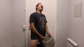 Hot daddy suddenly jacks it in an office, aiming his cumshot into a rubbish bin