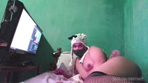 Slutty tranny with a big ass, spreading their legs and masturbating their dick.
