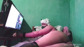 Slutty tranny with a big ass, spreading their legs and masturbating their dick.