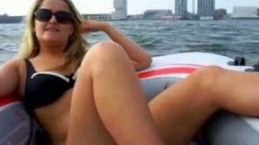 My horny blonde wifey showing her pussy in the motorboat