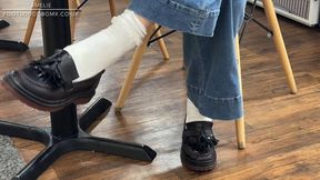 Shoeplay in loafers and white frilly socks