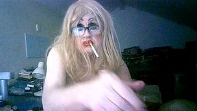 Dirty dogging slag Sarah smokes, wanks, drinks fat old dogger'_s cum, and own piss