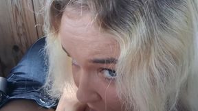 Unplanned public blowjob on a forest viewing deck &mdash;  ending with a huge facial amid yellow blooms