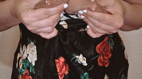 MILF Mrs KittyCat all ready for bed plays and fondles her lactating breasts in silk sexy nightgown