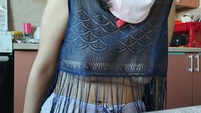 Naughty sexy milf tries on naked clothes. Latina hairy pussy tries on clothes in bed.
