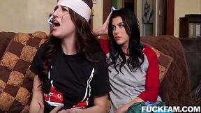 Two sexy teens share boyfriend's cock in wild fuck fest