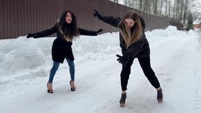 Heelless shoes on ice, slippery shoes, slippery girls, girls on ice road